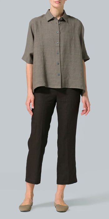 Jacquard Olive Stripe Linen Boxy Sleeves Shirt