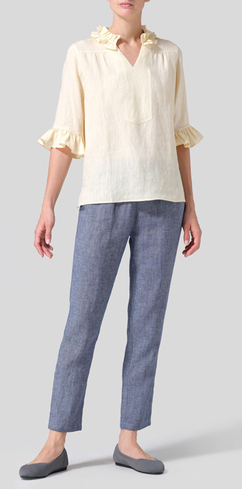 Lemon Chiffon Linen Ruffle Stand Collar Top