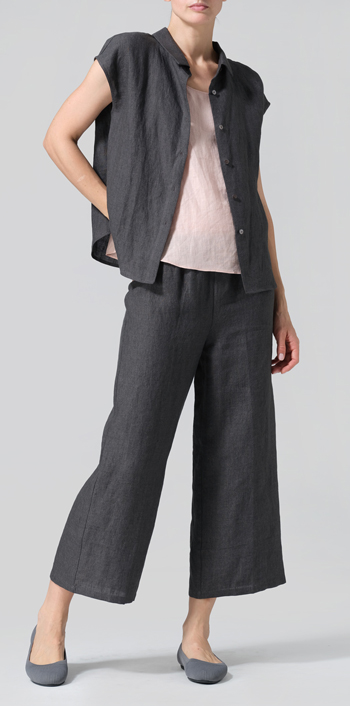 Dark Gray Linen Collared Neckline Cap Sleeves Top