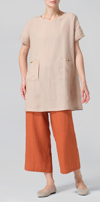 Beige Linen Sweetheart Neckline S/S Tunics
