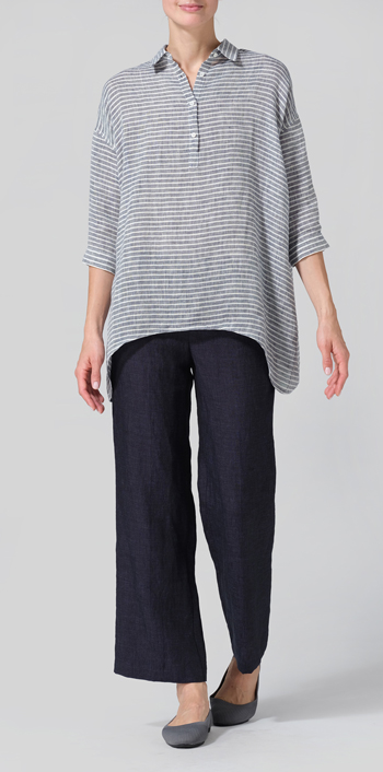 Blue White Weave Linen Oversized Straight-Cut Shirt