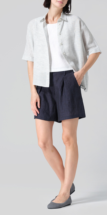 Blue White Weave Linen Boxy Sleeves Shirt Set
