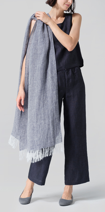 Linen Hand-crafted Two Tone Blue Long Scarf Set