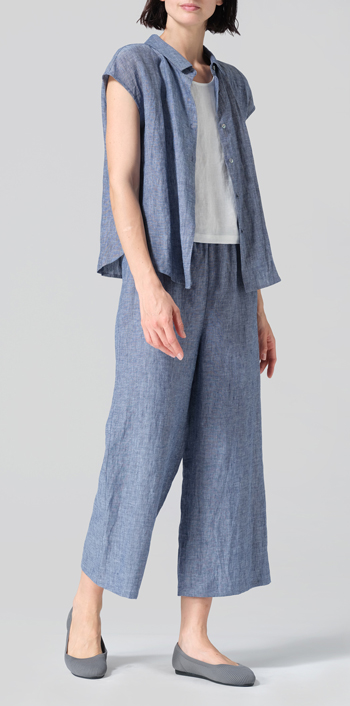 Denim Blue Linen Collared Neckline Cap Sleeves Top Set
