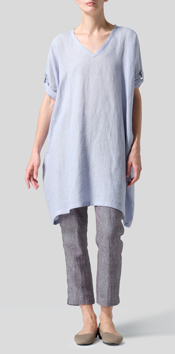 Light Pale Blue Linen Wide A-line Tunic