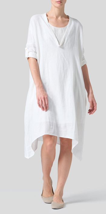 White Woven Linen Roll Sleeve Deep V-neck Tunic