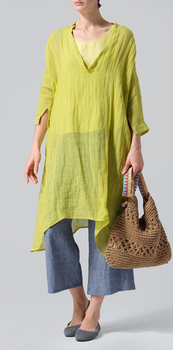 Yellow Woven Linen Roll Sleeve Deep V-neck Tunic Set