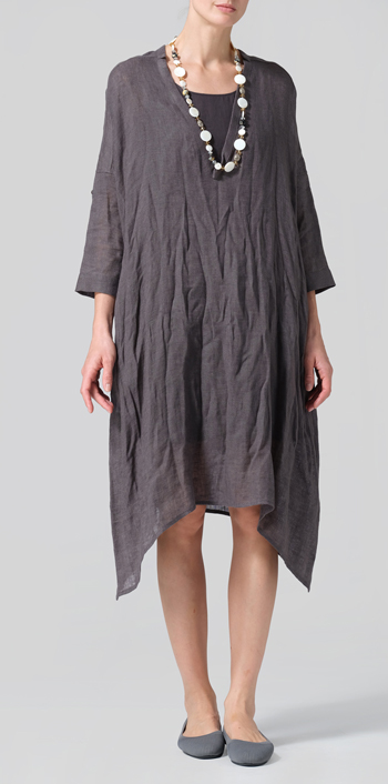 Dark Charcoal Woven Linen Roll Sleeve Deep V-neck Tunic Set