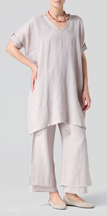 Sand Beige Linen Wide A-line Tunic Set