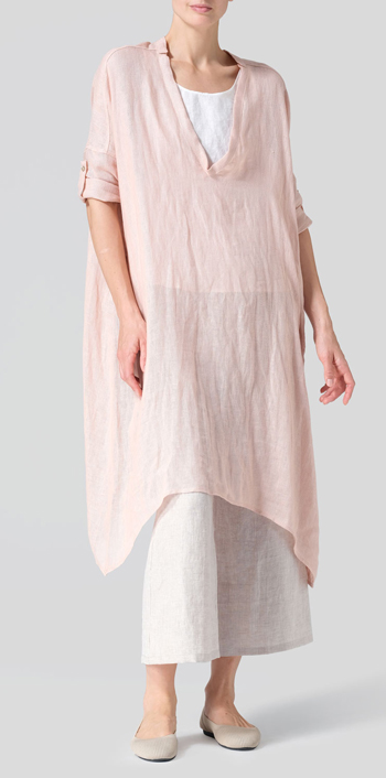 Madeira Pink Woven Linen Roll Sleeve Deep V-neck Tunic Set