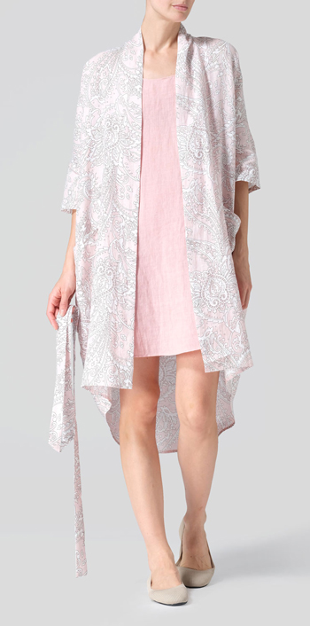 Pink Paisley Waves Linen Kimono Home Wear Set