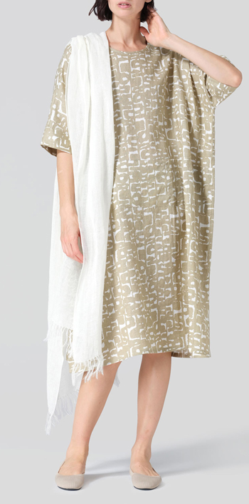 Khaki Print Linen Oversized Dolman Sleeve Dress Set