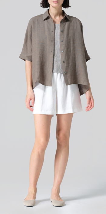 Jacquard Olive Stripe Linen Boxy Sleeves Shirt Set