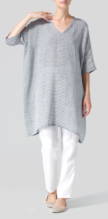 Blue White Weave Linen Wide A-line Tunic