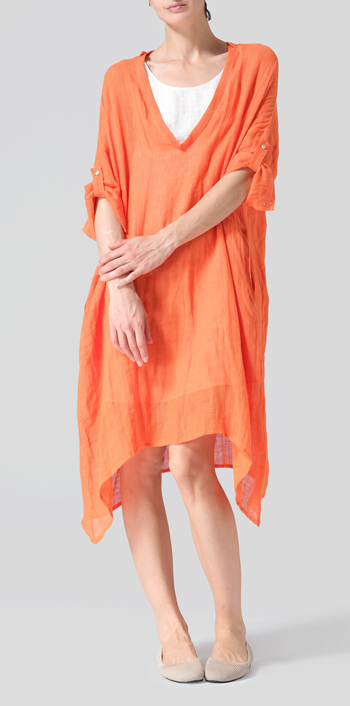 Orange Woven Linen Roll Sleeve Deep V-neck Tunic
