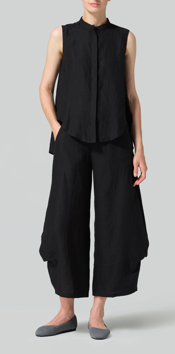 Black Linen A-line Sleeveless Top with Mandarin Collar Set