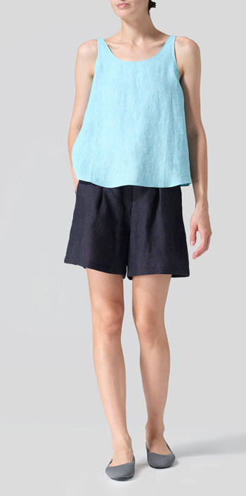 Aqua Blue Linen Thin Strap Cami Set