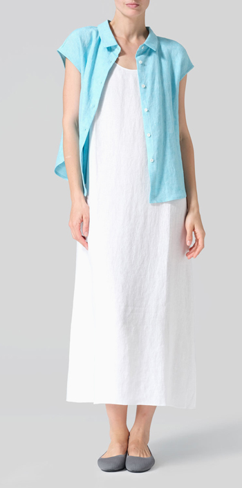 Aqua Blue Linen Collared Neckline Cap Sleeves Top Set