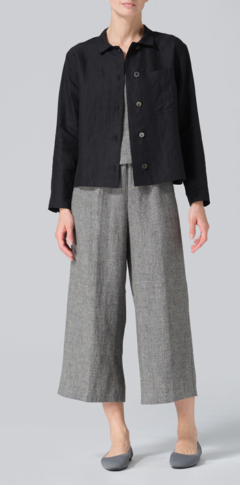 Black Linen Cropped Shirt Jacket with Pockets