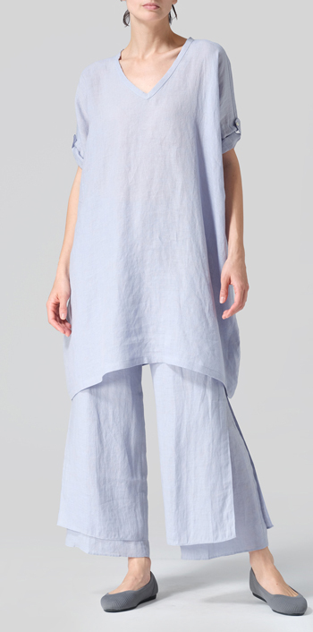 Light Pale Blue Linen Wide A-line Tunic Set