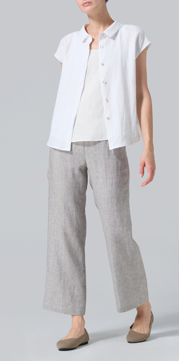 White Linen Collared Neckline Cap Sleeves Top