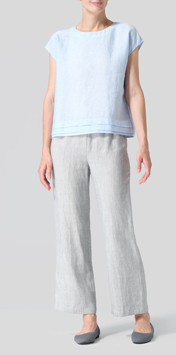 Powder Blue Linen Boxy Cap Sleeves Cropped Top