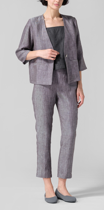 Two Tone Brown Linen Classic Single-Button Jacket Set