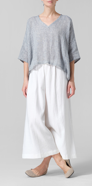 Blue White Weave Linen Loose Deep V-Neck Top Set