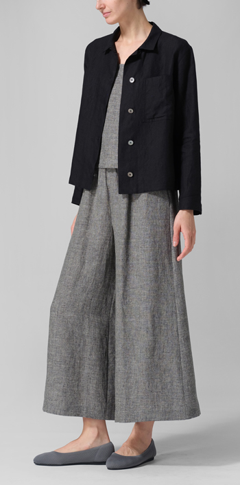 Black Linen Cropped Shirt Jacket with Pockets