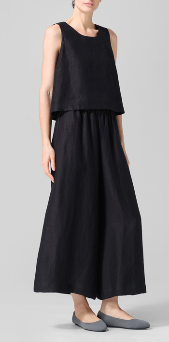 Twill Black Linen Sleeveless Vest Top Set