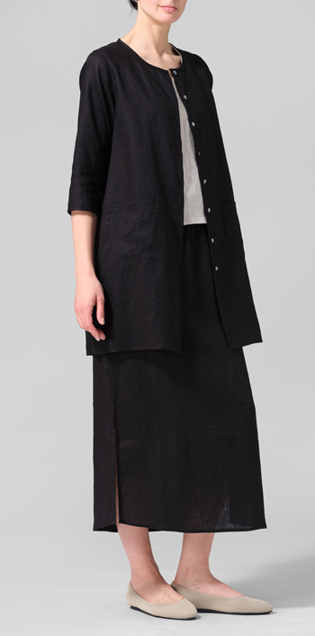 Black Linen Three-quarter Sleeve Button Front Top Set