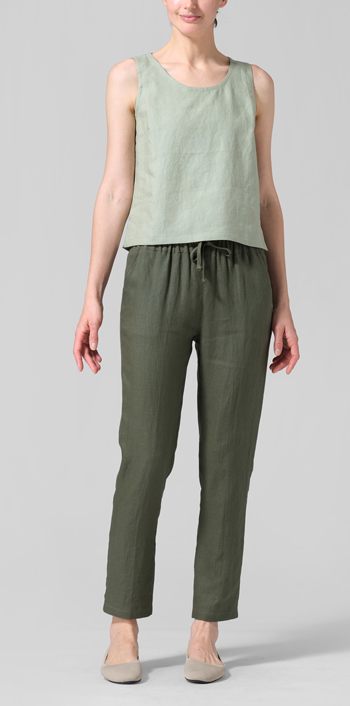 Moss Green Linen Nice Fit Sleeveless Tank Top