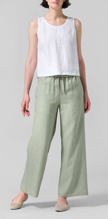Moss Green Linen Drawstring Long Pants