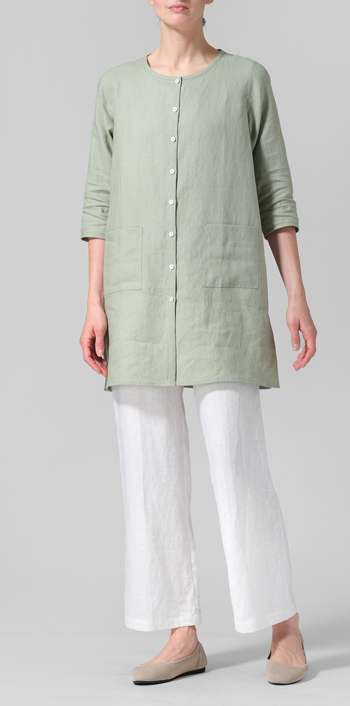 Moss Green Linen Three-quarter Sleeve Button Front Top