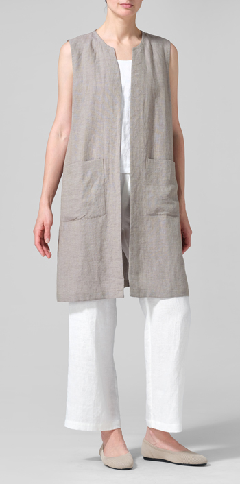 Two Tone Gray Green Linen Open Front Straight Long Vest Jacket