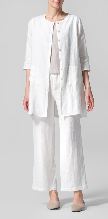 Lily White Linen Three-quarter Sleeve Button Front Top