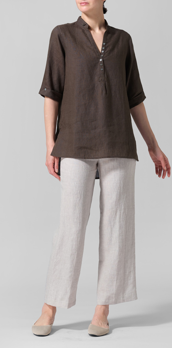 Dark Olive Brown Linen V-Neck Three-quarter Sleeves Shirt
