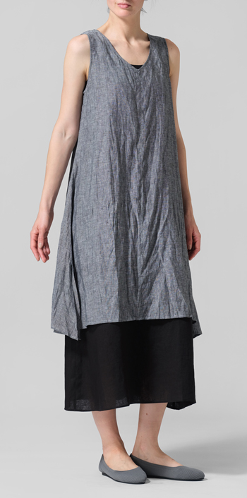Two Tone Black Linen Sleeveless Crumple Effect Long Blouse