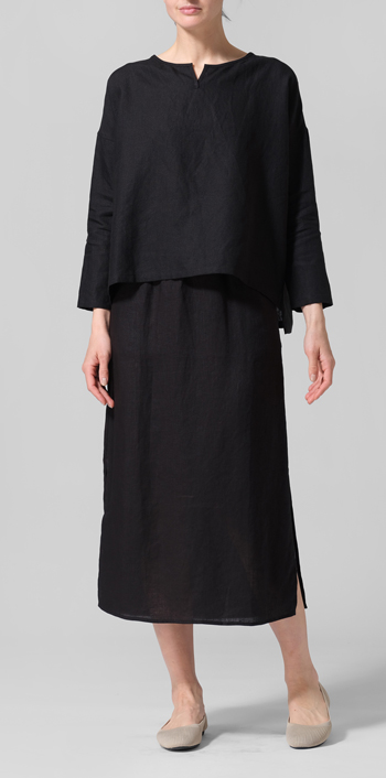 Black Linen V-neck Boxy Top