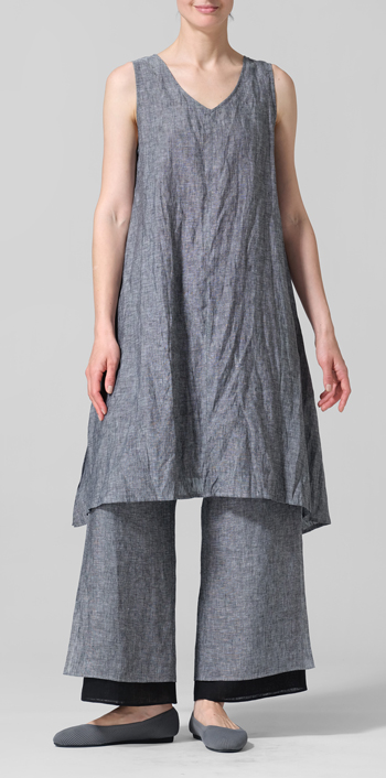 Two Tone Black Linen Sleeveless Crumple Effect Long Blouse Set