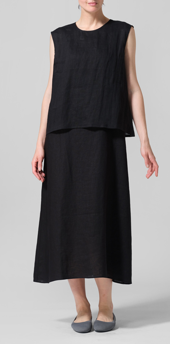 Black Linen A-Line French Sleeve Blouse Set