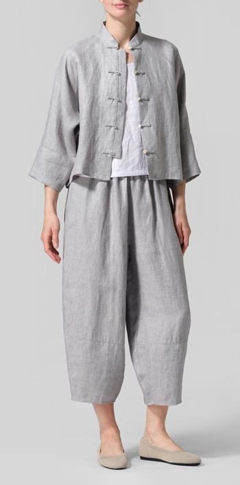 Two Tone Purple Gray Pure Linen Suit Jacket Set