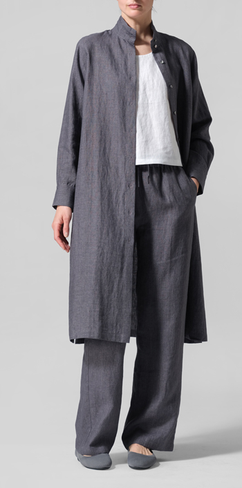 Charcoal Gray Linen High Stand Collar Long Shirt