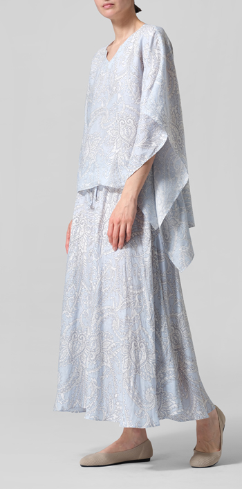Blue Paisley Waves Linen Batwing Sleeve Top