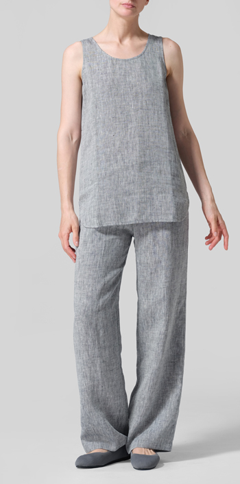 Two Tone Light Navy Gray Linen Sleeveless Long Shell Tank