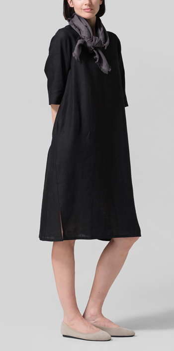 Black Linen Half Sleeve Dress with Scarf