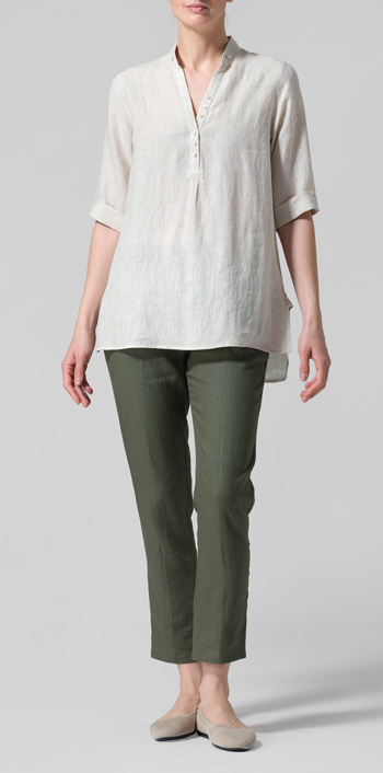 Oat Linen V-Neck Three-quarter Sleeves Shirt