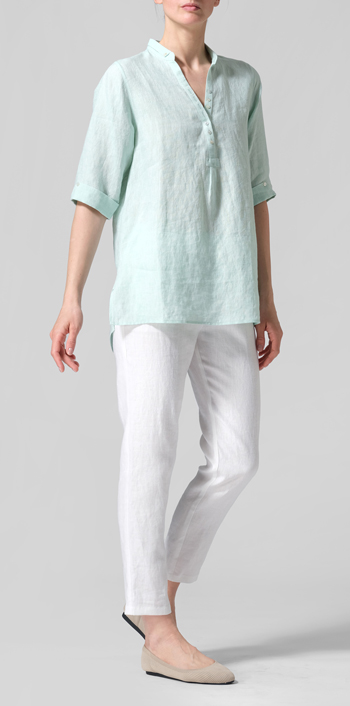 Soft Light Green Linen V-Neck Three-quarter Sleeves Shirt
