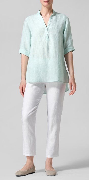 Soft Light Green Linen V-Neck Three-quarter Sleeves Shirt