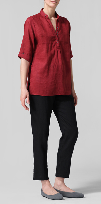 Dull Red Linen V-Neck Three-quarter Sleeves Shirt